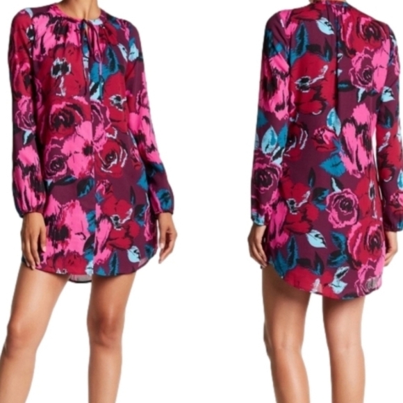 Charles Henry Dresses & Skirts - Charles Henry Multi-Color Jewel Tone Floral Print Long Sleeve Shift Dress